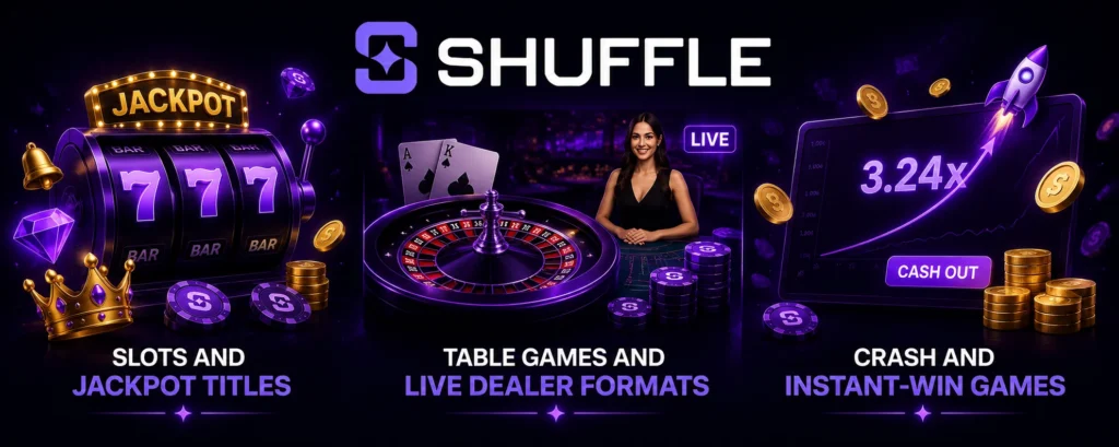 Shuffle slots, live casino and crash games with official Shuffle logo.