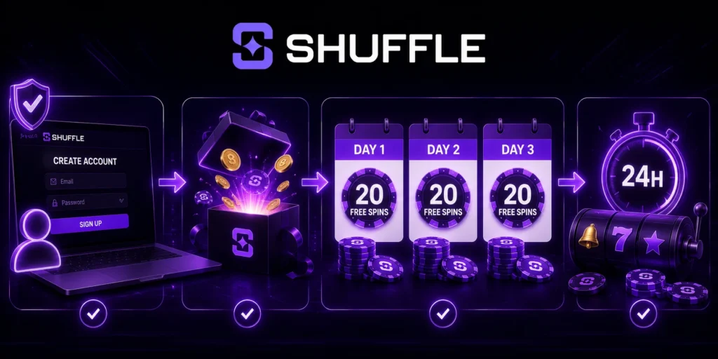 Shuffle no deposit bonus activation with free spins and official Shuffle logo.