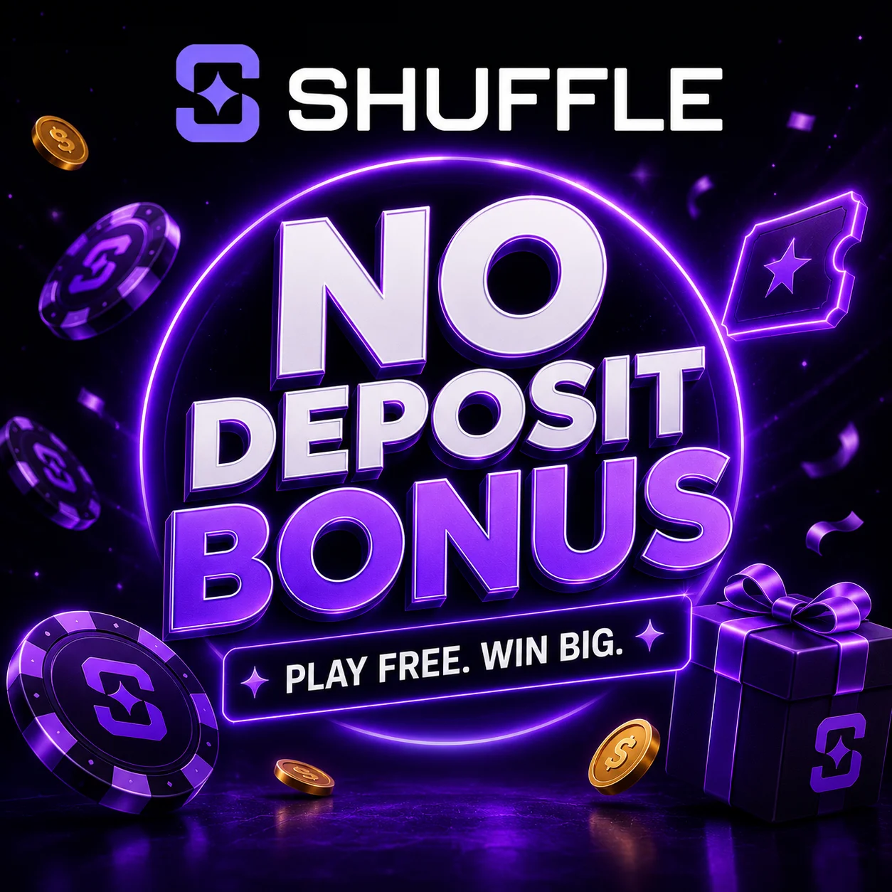 Shuffle no deposit bonus with official Shuffle logo and casino rewards.