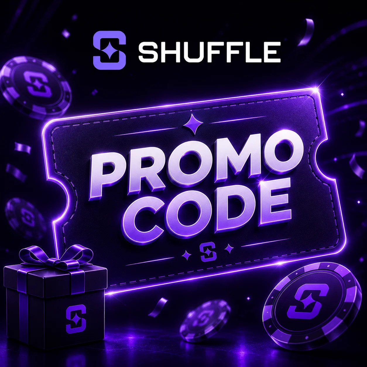 Shuffle promo code ticket with official Shuffle logo and casino rewards.