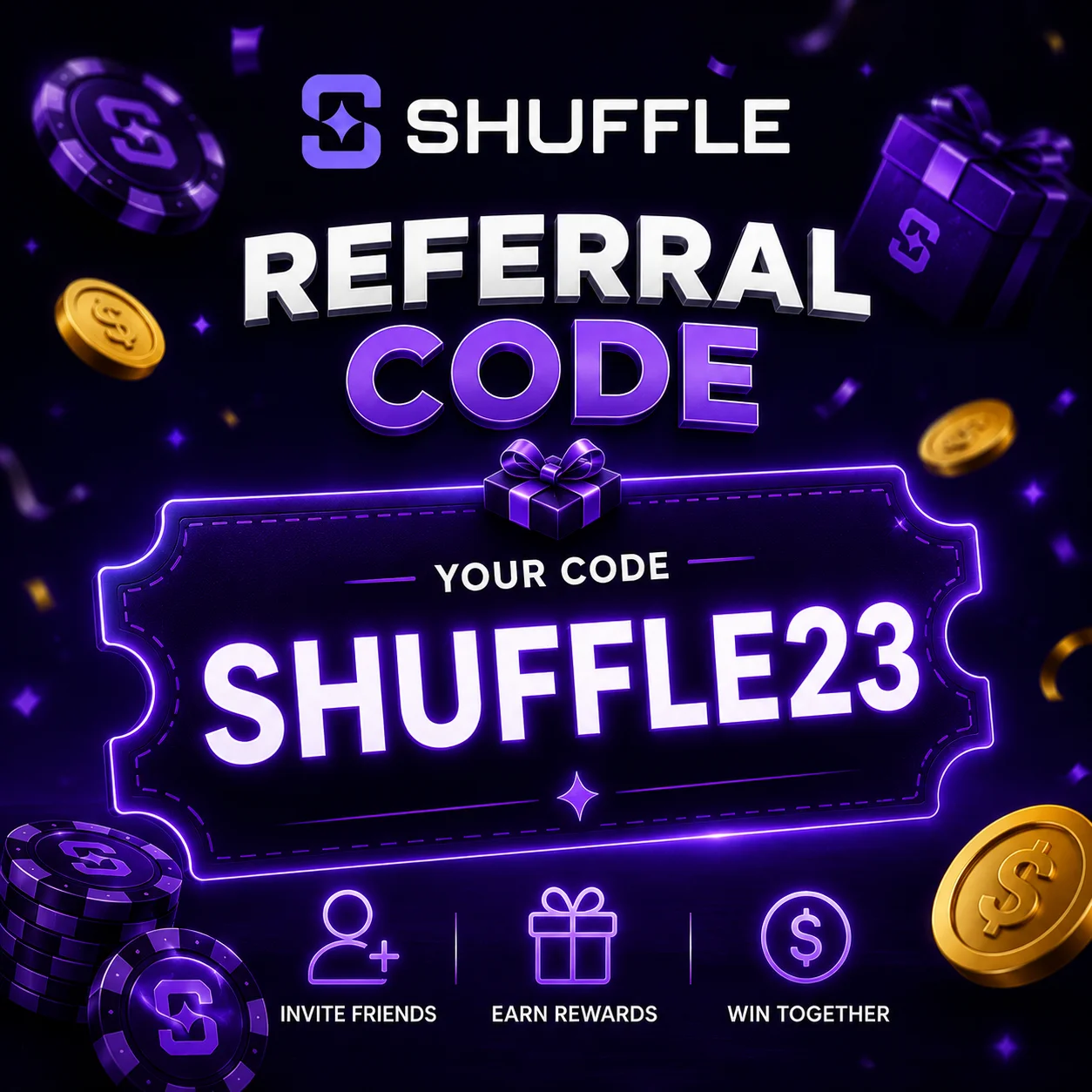 Shuffle referral code with official Shuffle logo and casino rewards.