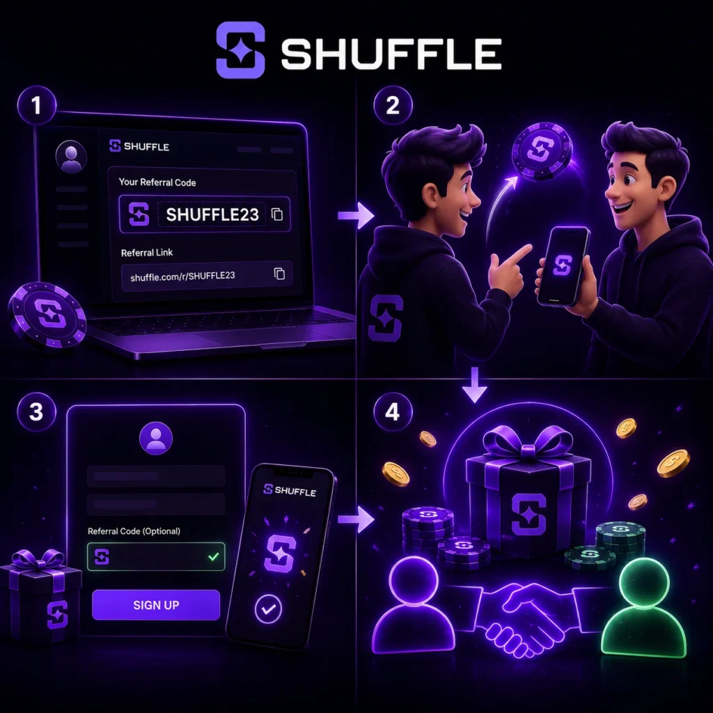 Shuffle referral program with invite rewards and official Shuffle logo.