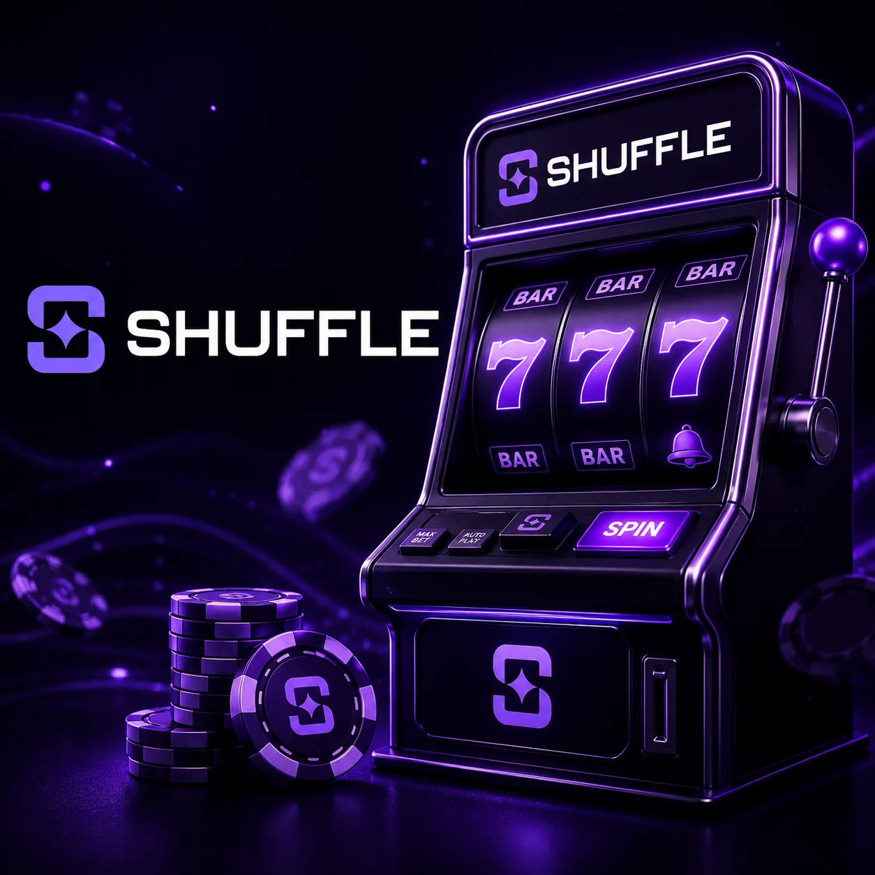Shuffle slot machine with purple casino theme and official Shuffle logo.
